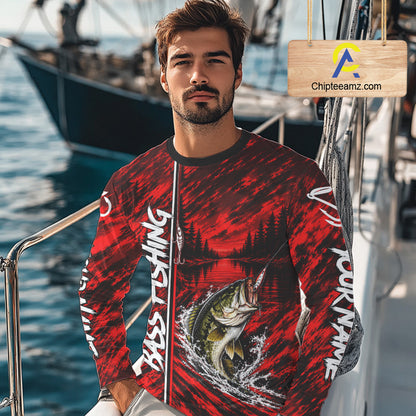 Personalized Red Bass Fishing Sport Jerseys, Bass Fishing Long Sleeve Tournament Shirts NBT1116