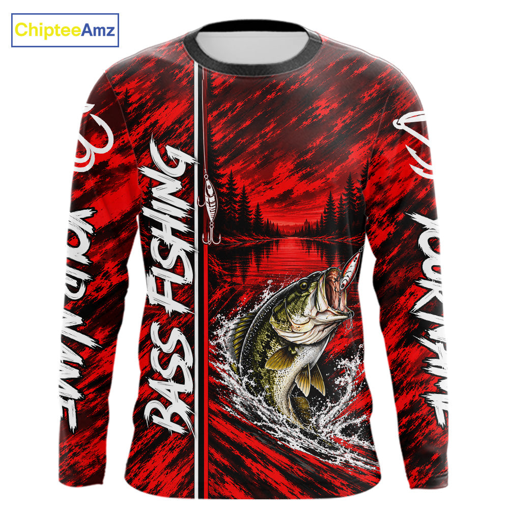 Personalized Red Bass Fishing Sport Jerseys, Bass Fishing Long Sleeve Tournament Shirts NBT1116