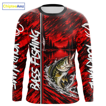 Personalized Red Bass Fishing Sport Jerseys, Bass Fishing Long Sleeve Tournament Shirts NBT1116