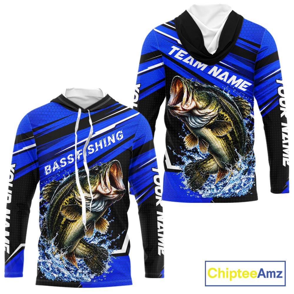 Blue Camo Bass Fishing Custom Largemouth Bass Sun Protection Long Sleeve Hooded Fishing Shirt For Team NBT1118