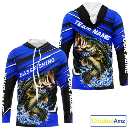 Blue Camo Bass Fishing Custom Largemouth Bass Sun Protection Long Sleeve Hooded Fishing Shirt For Team NBT1118
