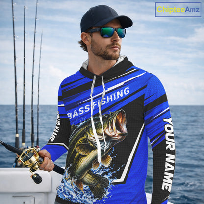 Blue Camo Bass Fishing Custom Largemouth Bass Sun Protection Long Sleeve Hooded Fishing Shirt For Team NBT1118