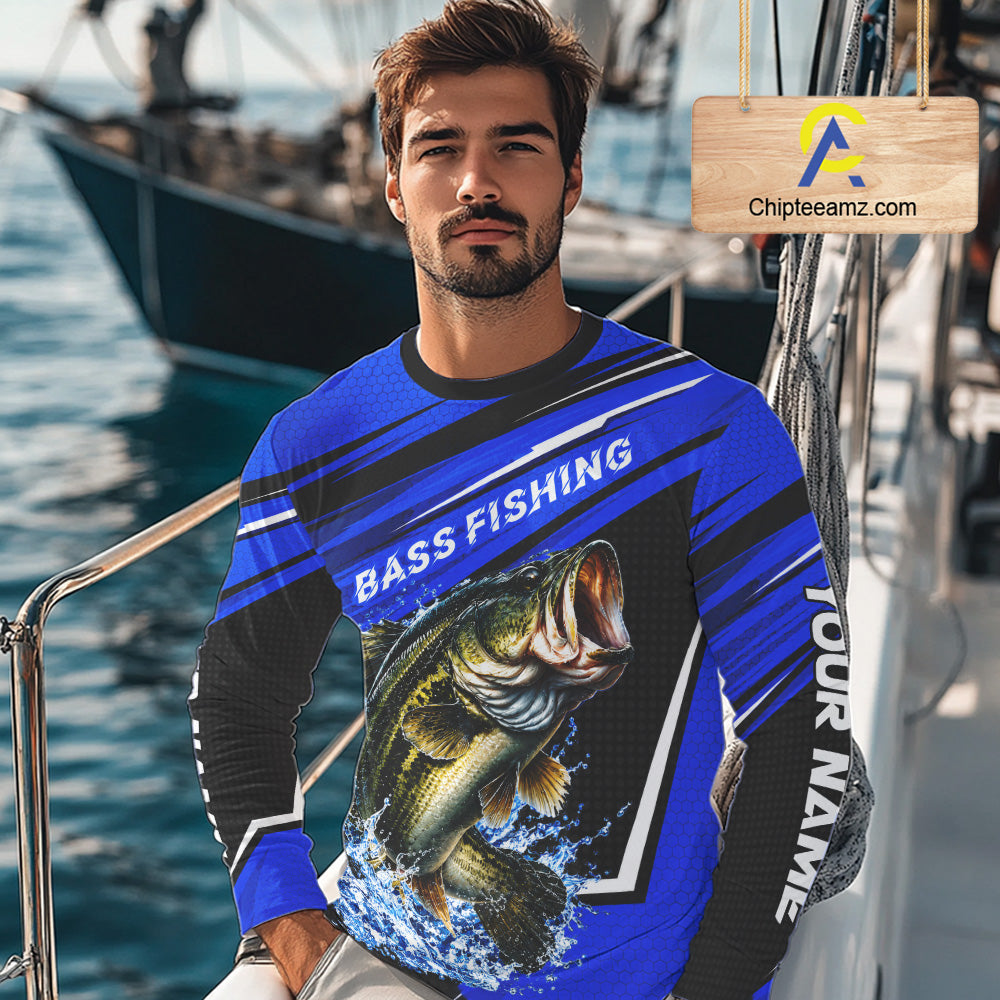Blue Camo Bass Fishing Custom Largemouth Bass Sun Protection Long Sleeve Fishing Shirt For Team NBT1118