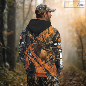 Elk Hunting Orange and Black Camo Shirts with US Flag, Personalized Hunting Shirt NBT100