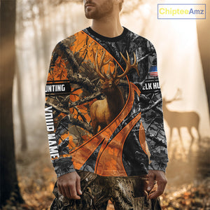 Elk Hunting Orange and Black Camo Shirts with US Flag, Personalized Hunting Shirt NBT100