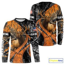 Load image into Gallery viewer, Elk Hunting Orange and Black Camo Shirts with US Flag, Personalized Hunting Shirt NBT100