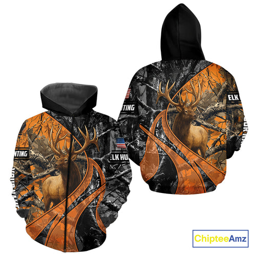 Elk Hunting Orange and Black Camo Shirts with US Flag, Personalized Hunting Shirt NBT100