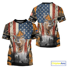 Load image into Gallery viewer, Whitetail Deer Hunting Big Game US Flag Custom Name Orange Camo Shirts, Personalized Deer Hunting Clothing NBT265