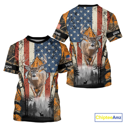 Whitetail Deer Hunting Big Game US Flag Custom Name Orange Camo Shirts, Hunting Clothing NBT265