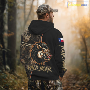 Custom Brown Camo with TX Flag Boar Hunting Shirts for Men, Boar Hunting Clothes, Hunting Gifts NBT188