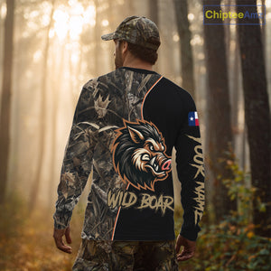 Custom Brown Camo with TX Flag Boar Hunting Shirts for Men, Boar Hunting Clothes, Hunting Gifts NBT188
