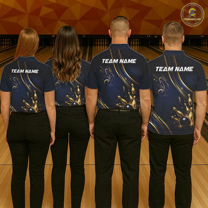 Navy Blue And Gold Womens Bowling Polo & 1/4 Quarter Zip Shirts, Bowling Team Tournament Jerseys NBT959