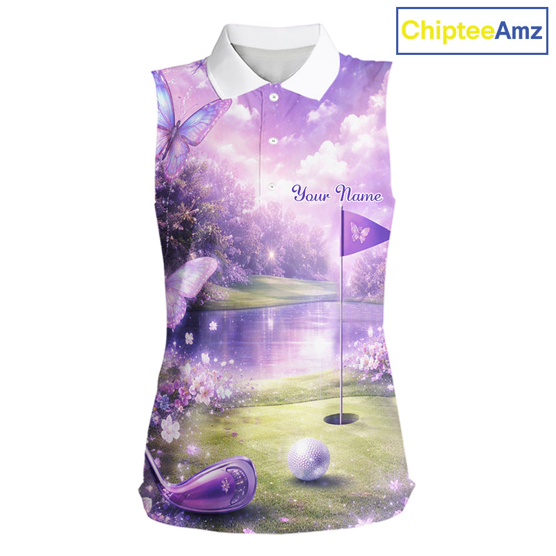 Purple Butterfly Womens Sleeveless Golf Polo Shirt Custom Name Floral Colorful Golf Shirts NBT557