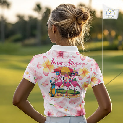 Custom Pink Tropical Flower Funny Flamingo Womens Golf Polo Shirts, Funny Golf Shirts For Ladies NBT565