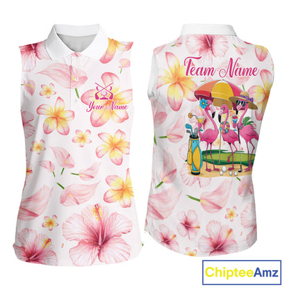 Custom Pink Tropical Flower Funny Flamingo Womens Sleeveless Golf Polo Shirts, Funny Golf Shirts For Ladies NBT565