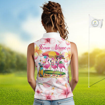 Custom Pink Tropical Flower Funny Flamingo Womens Sleeveless Golf Polo Shirts, Funny Golf Shirts For Ladies NBT565