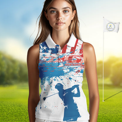 American Flag Womens Sleeveless Golf Polo Shirt Custom Ladies Golf Shirts US Flag Golf Polo Shirt NBT568