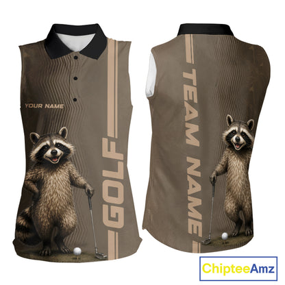 Personalized Funny Brown Raccoon Custom Name Sleeveless Polo Golf Shirt For Womens, Golfer Gifts NBT888