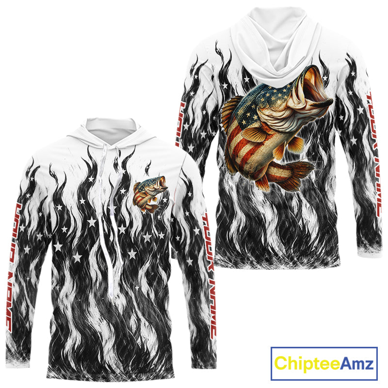 Black Camo American Flag Bass Long Sleeve Hooded Fishing Shirts, Patriotic Fishing Shirt NBT456