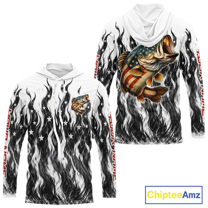 Black Camo American Flag Bass Long Sleeve Hooded Fishing Shirts, Patriotic Fishing Shirt NBT456