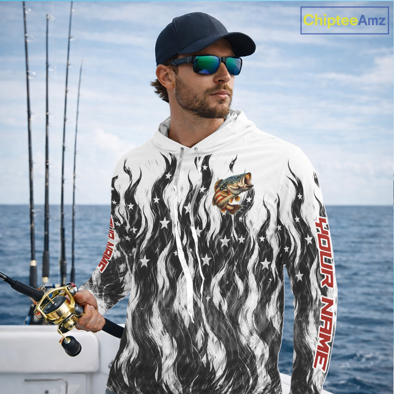 Black Camo American Flag Bass Long Sleeve Hooded Fishing Shirts, Patriotic Fishing Shirt NBT456