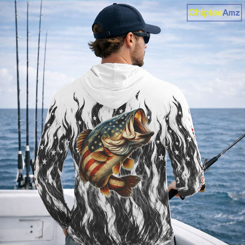 Black Camo American Flag Bass Long Sleeve Hooded Fishing Shirts, Patriotic Fishing Shirt NBT456