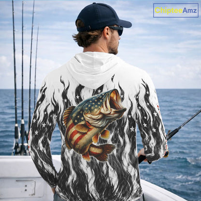 Black Camo American Flag Bass Long Sleeve Hooded Fishing Shirts, Patriotic Fishing Shirt NBT456