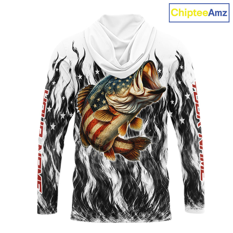Black Camo American Flag Bass Long Sleeve Hooded Fishing Shirts, Patriotic Fishing Shirt NBT456
