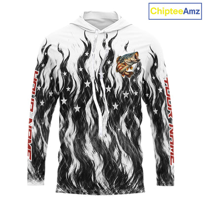 Black Camo American Flag Bass Long Sleeve Hooded Fishing Shirts, Patriotic Fishing Shirt NBT456