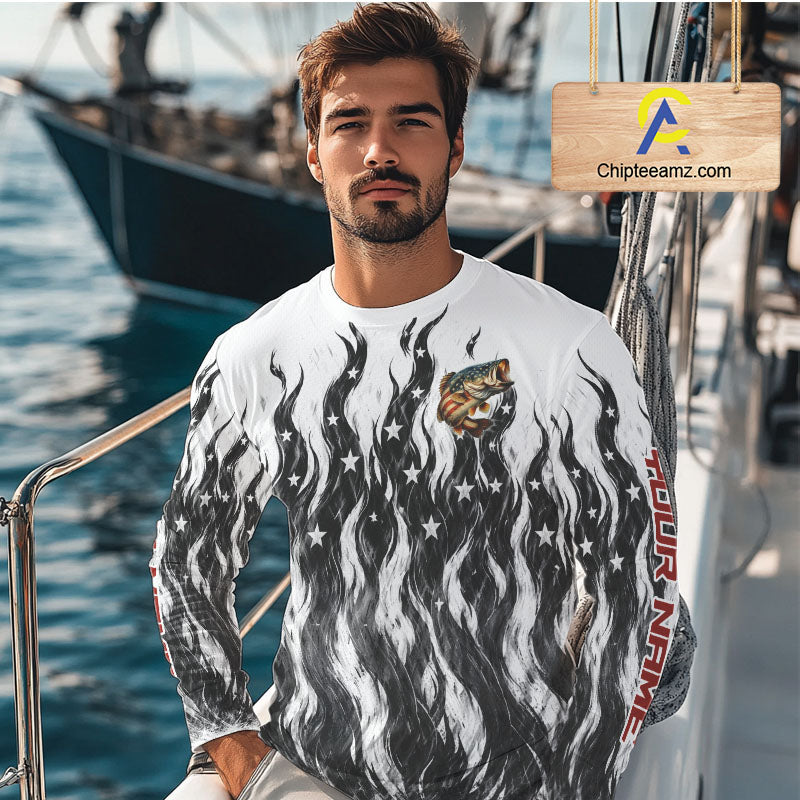 Black Camo American Flag Bass Fishing Shirts Long Sleeve, Patriotic Fishing Shirt NBT456