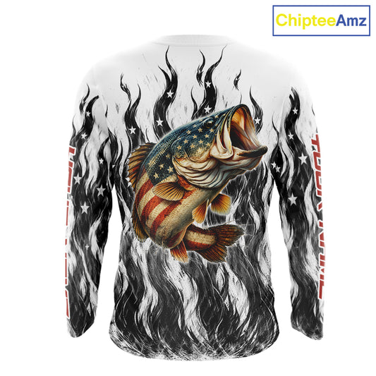 Black Camo American Flag Bass Fishing Shirts Long Sleeve, Patriotic Fishing Shirt NBT456