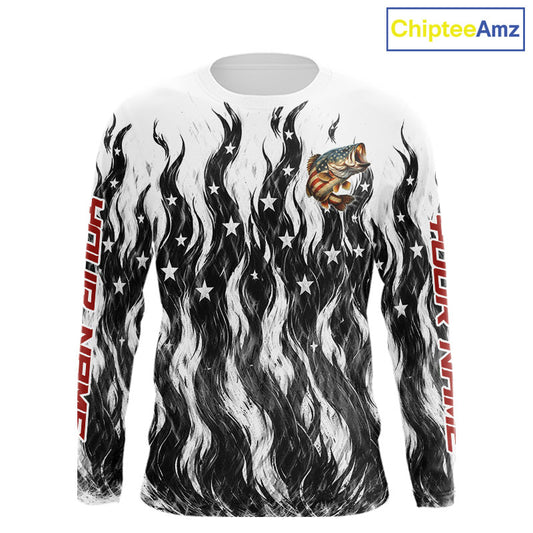 Black Camo American Flag Bass Fishing Shirts Long Sleeve, Patriotic Fishing Shirt NBT456