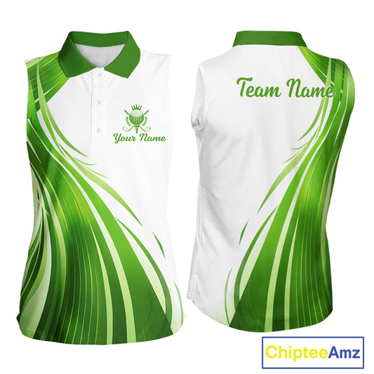 Womens Sleeveless Golf Polo Shirt Green And White Custom Golf Shirts For Team Personalized Golf Gifts NBT570