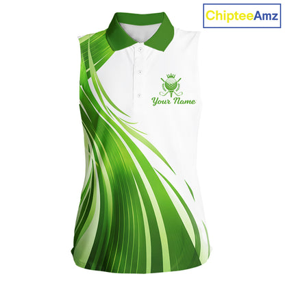 Womens Sleeveless Golf Polo Shirt Green And White Custom Golf Shirts For Team Personalized Golf Gifts NBT570