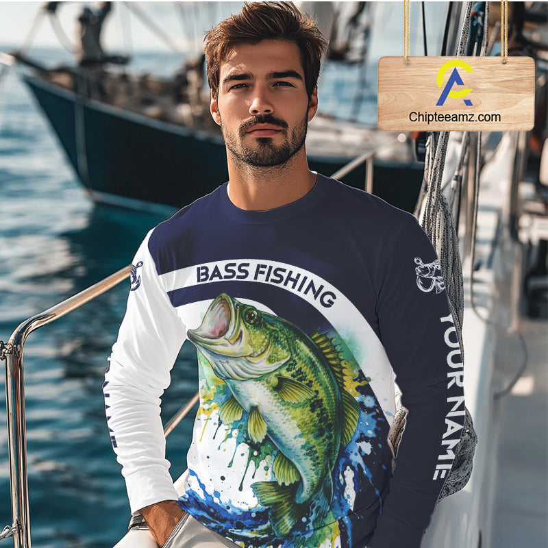 Custom Bass Fishing Shirts Long Sleeve Blue Camo Color Paint, Bass Fishing Shirts NBT461