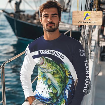 Custom Bass Fishing Shirts Long Sleeve Blue Camo Color Paint, Bass Fishing Shirts NBT461