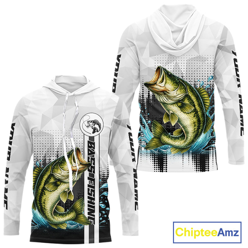 White Camo Bass Fishing Custom Name Long Sleeve Hooded Fishing Shirts With UV Protection NBT462