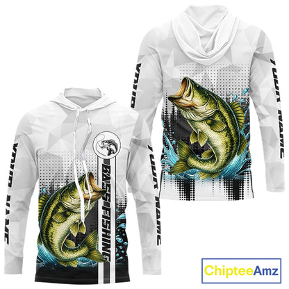 White Camo Bass Fishing Custom Name Long Sleeve Hooded Fishing Shirts With UV Protection NBT462