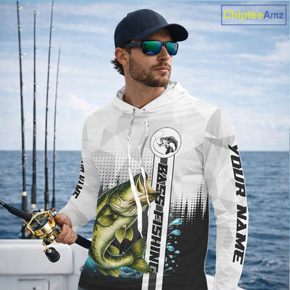 White Camo Bass Fishing Custom Name Long Sleeve Hooded Fishing Shirts With UV Protection NBT462