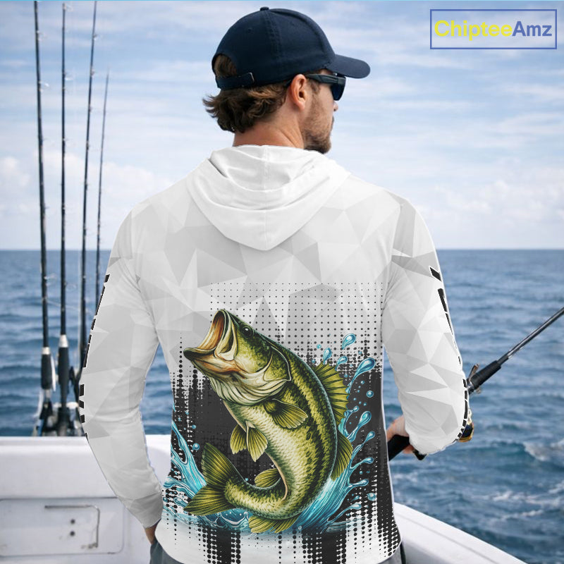 White Camo Bass Fishing Custom Name Long Sleeve Hooded Fishing Shirts With UV Protection NBT462