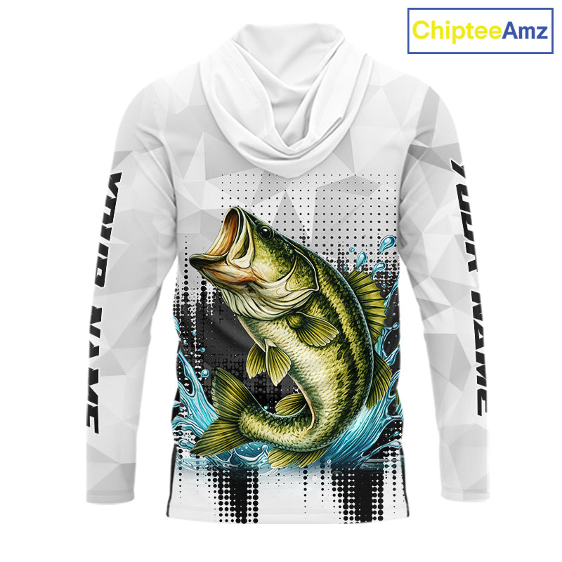 White Camo Bass Fishing Custom Name Long Sleeve Hooded Fishing Shirts With UV Protection NBT462