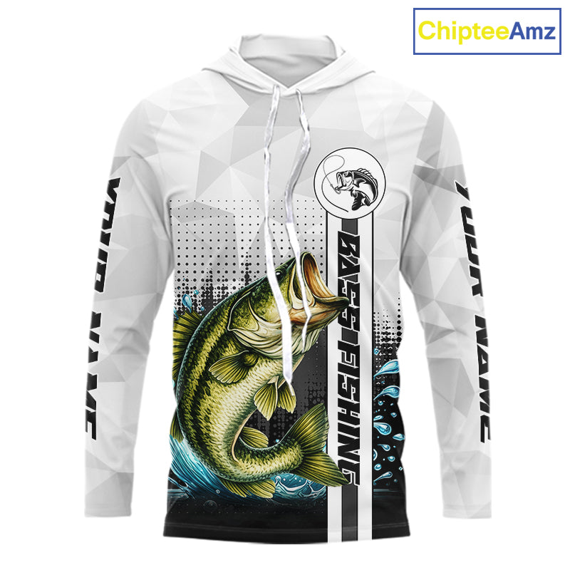 White Camo Bass Fishing Custom Name Long Sleeve Hooded Fishing Shirts With UV Protection NBT462