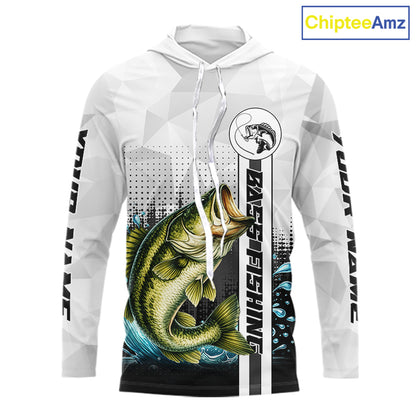White Camo Bass Fishing Custom Name Long Sleeve Hooded Fishing Shirts With UV Protection NBT462