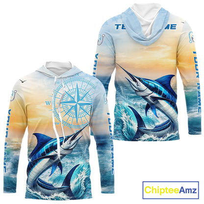 Blue Marlin Fishing Sunset Custom Fishing Long Sleeve Hooded Shirt, Marlin Compass Offshore Fishing Apparel NBT584