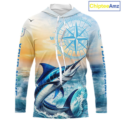 Blue Marlin Fishing Sunset Custom Fishing Long Sleeve Hooded Shirt, Marlin Compass Offshore Fishing Apparel NBT584