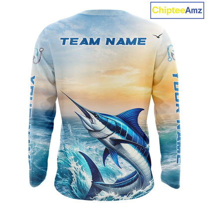 Blue Marlin Fishing Sunset Custom Fishing Long Sleeve Shirt, Marlin Compass Offshore Fishing Apparel NBT584