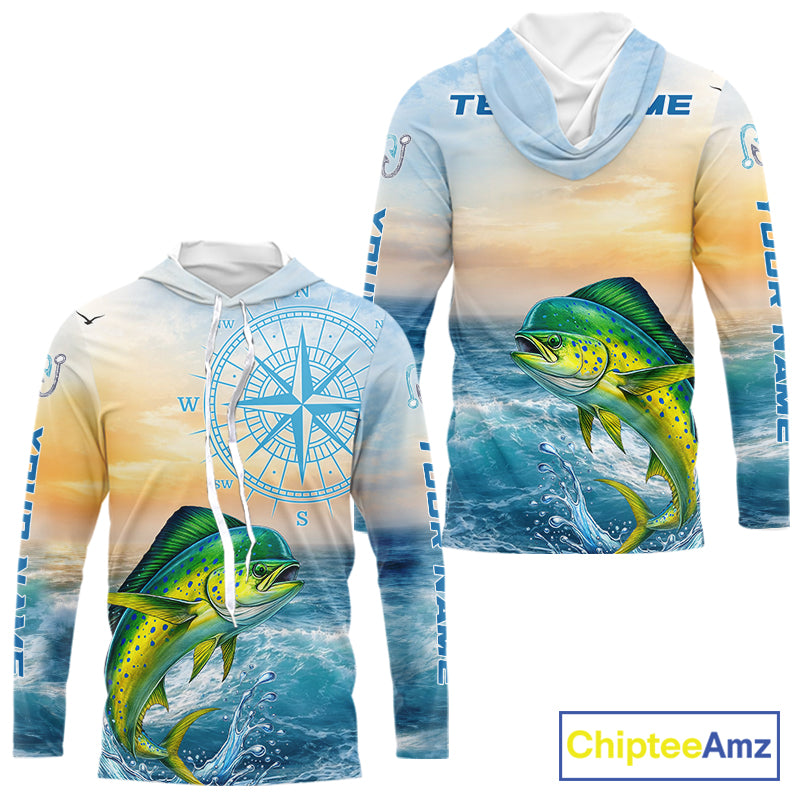 Mahi Mahi Fishing Sunset Custom Fishing Long Sleeve Hooded Shirt, Mahi Mahi Compass Offshore Fishing Apparel NBT585