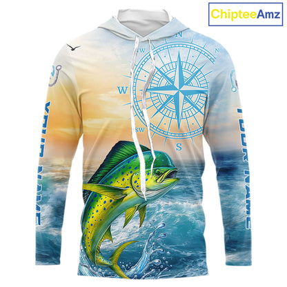 Mahi Mahi Fishing Sunset Custom Fishing Long Sleeve Hooded Shirt, Mahi Mahi Compass Offshore Fishing Apparel NBT585