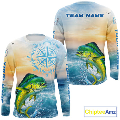 Mahi Mahi Fishing Sunset Custom Fishing Long Sleeve Shirt, Mahi Mahi Compass Offshore Fishing Apparel NBT585