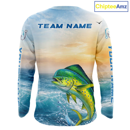 Mahi Mahi Fishing Sunset Custom Fishing Long Sleeve Shirt, Mahi Mahi Compass Offshore Fishing Apparel NBT585